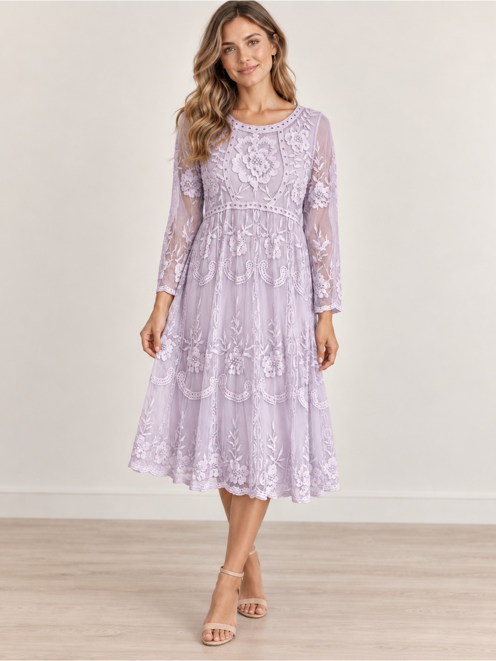 orange creek Lavender Lace Midi Dress with Sheer Sleeves